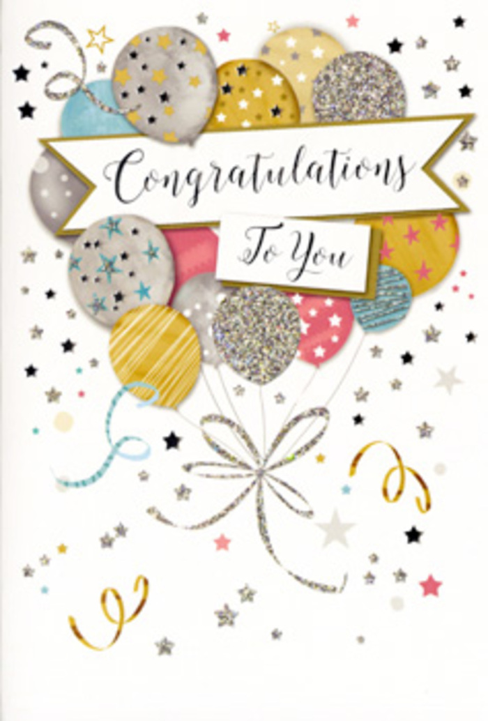 This beautifully detailed congratulations card resembles a celebratory window display you might glimpse along a quiet Bloomsbury side street, glowing softly in the afternoon light. Dominating the design is a generous bouquet of illustrated balloons, layered to create depth as they float upward in an airy cluster. Their colours are refined and harmonious: rich gold, soft silver, champagne beige, sky blue, rosy pink, and misty grey, all softly metallic without being brash. Each balloon has its own personality, with patterns of tiny stars, slender stripes, or scattered glitter giving the illusion of real, textured surfaces that would gently catch the light from a nearby reading lamp. Fine curling ribbons in gold and silver tumble from the base of the balloon bouquet, their lines smooth and fluid, crossing and looping like the winding paths through Bloomsbury's garden squares. Around the central motif, the background is sprinkled with small metallic stars and hints of confetti, echoing the joyful clutter of a surprise celebration after exam results or a promotion in one of the local museums or publishing houses. Across the centre of the card, a banner unfurls gracefully, bearing the message Congratulations To You in flowing script that feels both formal and heartfelt, like a carefully handwritten note. The palette remains calm and uplifting, with enough sparkle to feel special but still tasteful, suitable for any age or occasion. As a florist accustomed to pairing flowers and cards for local celebrations, this design feels perfect alongside an elegant congratulatory bouquet delivered to homes and offices across Bloomsbury, capturing the pride, admiration, and quiet excitement of a truly meaningful achievement.