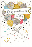 The congratulations card in this image radiates a gentle, joyful energy, as if it has captured the moment just after good news is shared in a cosy Bloomsbury café. A cluster of round balloons fills the centre, overlapping to create a sense of depth and abundance. Their colours are soft yet celebratory: glowing gold, cool silver, champagne cream, sky blue, blush pink, and a soft, smoky grey. Each balloon is marked with delicate designs - fine striped bands, scattered stars, and patches of glitter that suggest a subtle, tactile shimmer when you run your fingers across the card. From the base of the bouquet, slender ribbons curl downward in intertwined trails of metallic gold and silver, adding movement and tying the whole composition together, like the stems and foliage in a carefully crafted floral arrangement. Tiny stars, dots, and swirls of confetti are scattered throughout the background, creating a feeling of floating celebration reminiscent of fireworks above Russell Square or a late-evening toast after a promotion in nearby Holborn. Across the centre, a curved banner seems to drift among the balloons, carrying the words Congratulations To You in elegant calligraphy that conveys warmth and sincerity without being overly ornate. The background remains soft and unobtrusive, allowing the metallic details to stand out without overwhelming the eye, much like neutral gift wrap highlighting a vibrant bouquet. The card feels versatile and thoughtful, ideal for pairing with fresh flowers to honour graduations from local universities, work achievements in the surrounding offices, or any personal triumph quietly celebrated in the historic streets and book-lined corners of Bloomsbury.